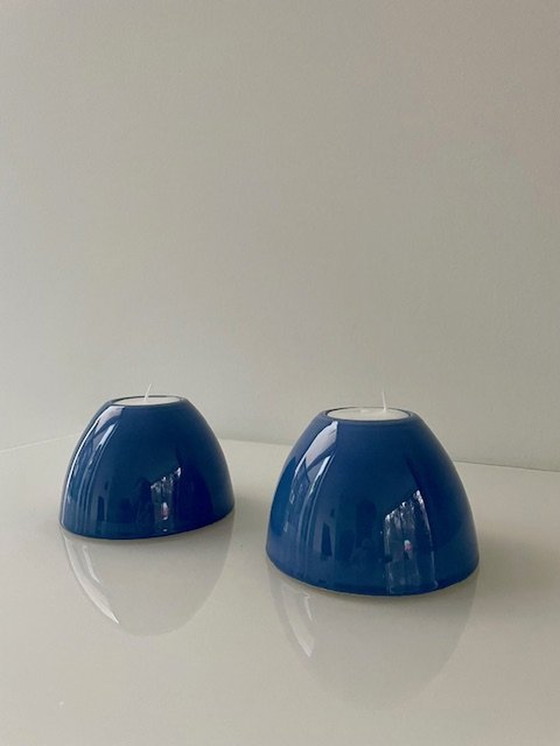 Image 1 of 2X Blauw Geglazuurde Keramieken Kaarsenhouders