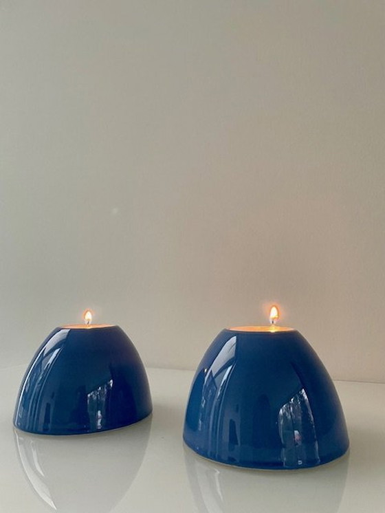 Image 1 of 2X Blauw Geglazuurde Keramieken Kaarsenhouders