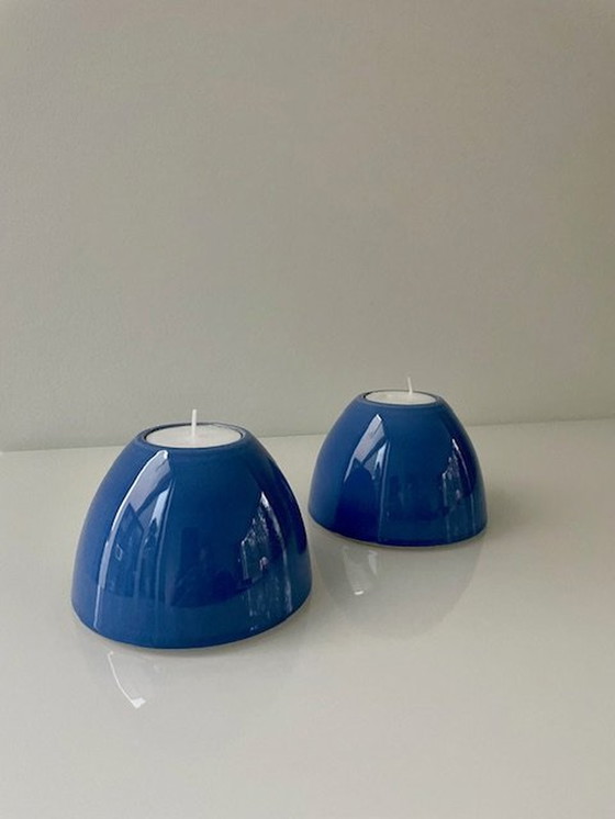 Image 1 of 2X Blauw Geglazuurde Keramieken Kaarsenhouders