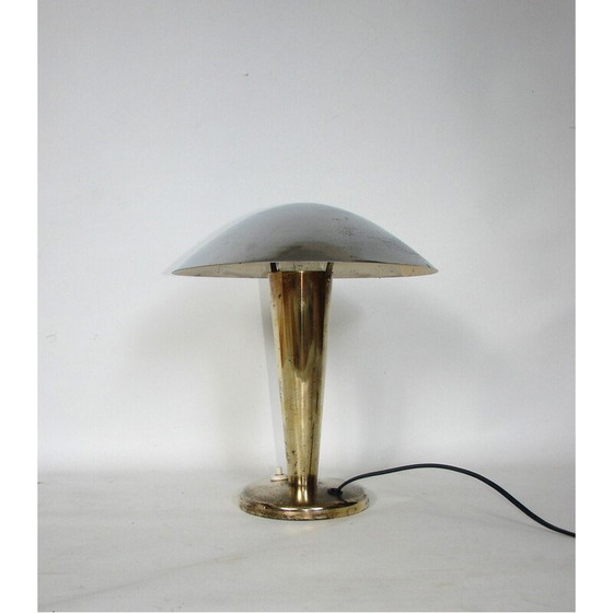 Image 1 of Vintage Art Deco paddestoel lamp in vernikkeld staal en messing, Tsjecho-Slowakije 1940