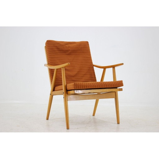 Vintage fauteuil in hout en oranje stof voor Ton, Tsjecho-Slowakije 1970