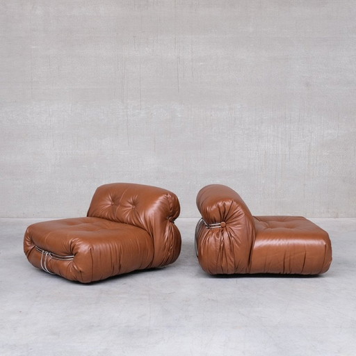 Paar vintage leren Soriana fauteuils van Scarpa voor Cassina, Italië 1970