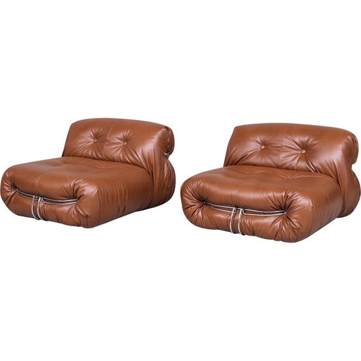 Paar vintage leren Soriana fauteuils van Scarpa voor Cassina, Italië 1970