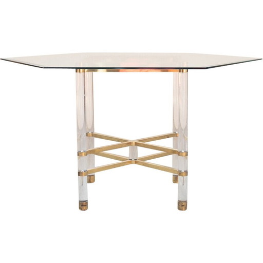 Vintage zeshoekige tafel van glas en messing door Sandro Petti voor Angolometallarte, Italië 1970