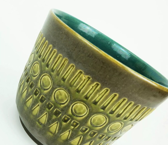 Image 1 of jasba mid century PLANTER keramische bloempot olijfgroen abstract sgraffito decor modelnr. 906/19