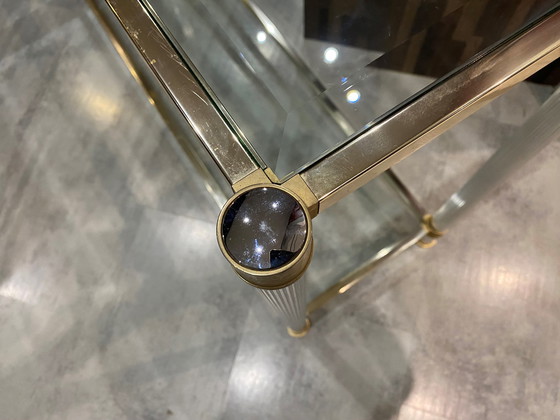 Image 1 of Dubbel dienblad goud en zilver metalen glazen console Le Dauphin Frankrijk Vintage 1970