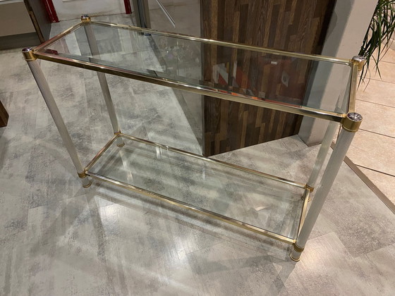 Image 1 of Dubbel dienblad goud en zilver metalen glazen console Le Dauphin Frankrijk Vintage 1970