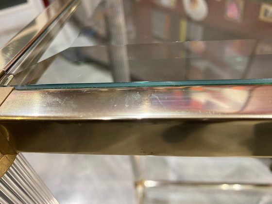 Image 1 of Dubbel dienblad goud en zilver metalen glazen console Le Dauphin Frankrijk Vintage 1970