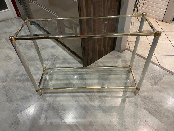 Image 1 of Dubbel dienblad goud en zilver metalen glazen console Le Dauphin Frankrijk Vintage 1970