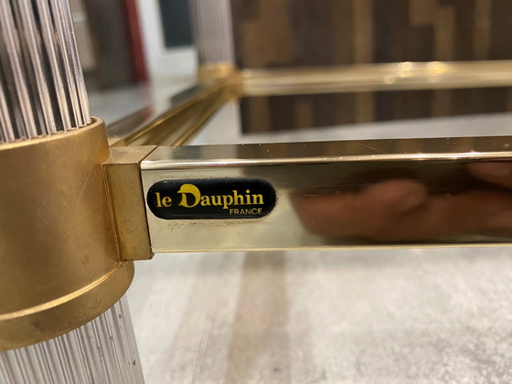 Image 1 of Dubbel dienblad goud en zilver metalen glazen console Le Dauphin Frankrijk Vintage 1970