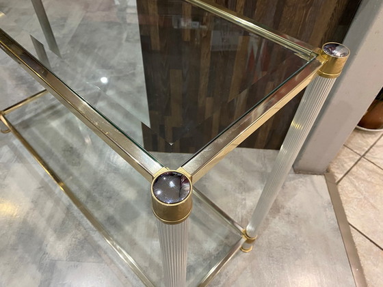 Image 1 of Dubbel dienblad goud en zilver metalen glazen console Le Dauphin Frankrijk Vintage 1970