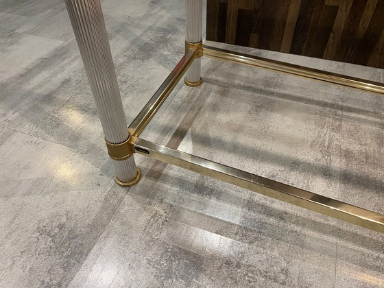 Image 1 of Dubbel dienblad goud en zilver metalen glazen console Le Dauphin Frankrijk Vintage 1970