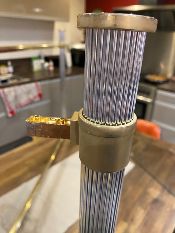 Image 1 of Dubbel dienblad goud en zilver metalen glazen console Le Dauphin Frankrijk Vintage 1970