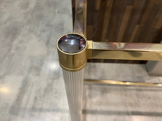 Image 1 of Dubbel dienblad goud en zilver metalen glazen console Le Dauphin Frankrijk Vintage 1970