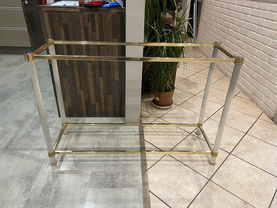 Image 1 of Dubbel dienblad goud en zilver metalen glazen console Le Dauphin Frankrijk Vintage 1970