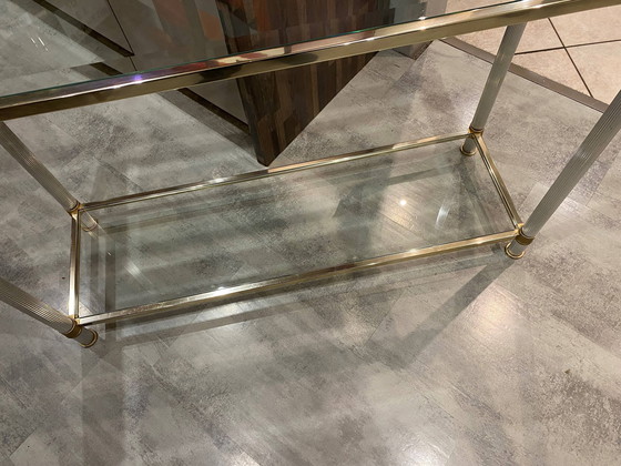 Image 1 of Dubbel dienblad goud en zilver metalen glazen console Le Dauphin Frankrijk Vintage 1970