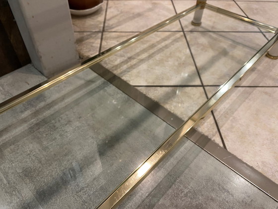 Image 1 of Dubbel dienblad goud en zilver metalen glazen console Le Dauphin Frankrijk Vintage 1970