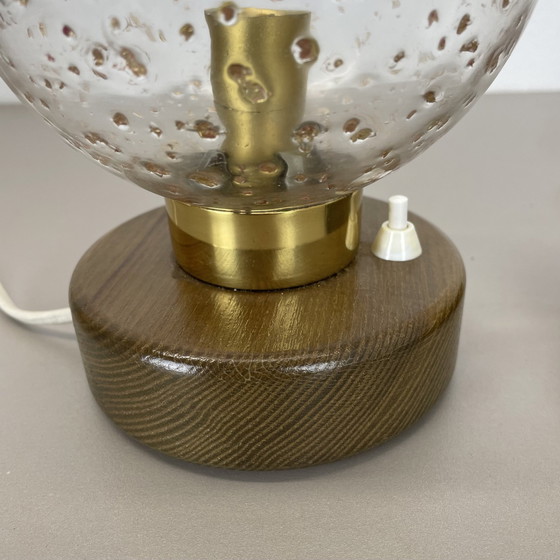 Image 1 of Set van 2 glazen bol en eikenhouten tafellampen van Temde Lights, Duitsland 1970S