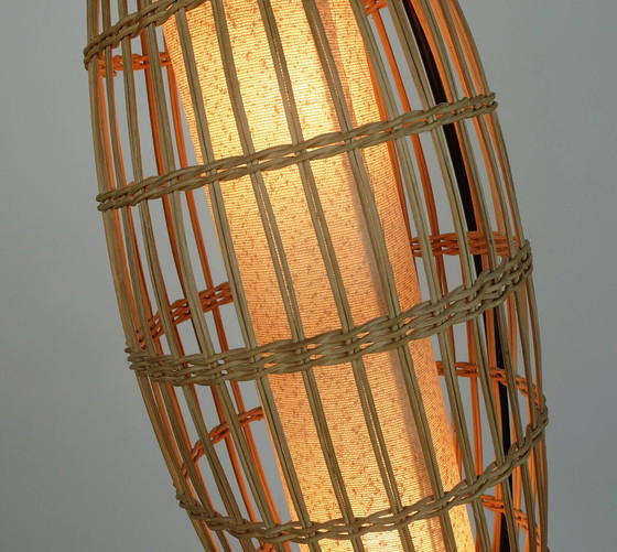 Image 1 of buitengewone en zeldzame Mid century FLOOR LAMP rotan vlechtwerk teak zwart metaal 1960