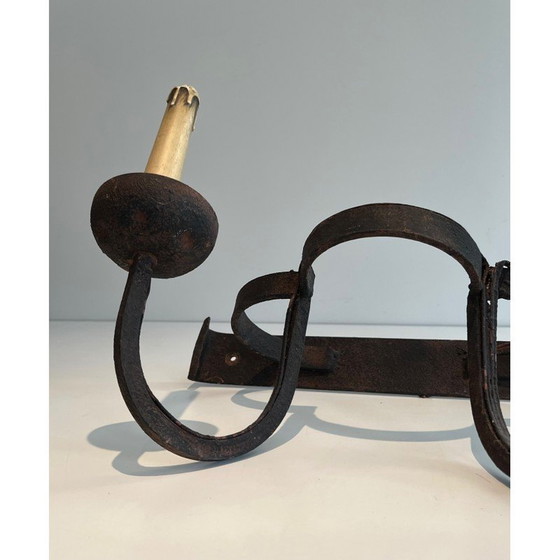 Image 1 of Set van 4 vintage smeedijzeren klaver wandlampen, Frankrijk 1950