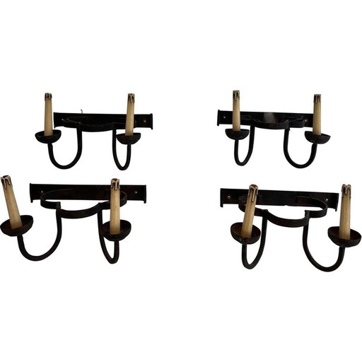 Set van 4 vintage smeedijzeren klaver wandlampen, Frankrijk 1950