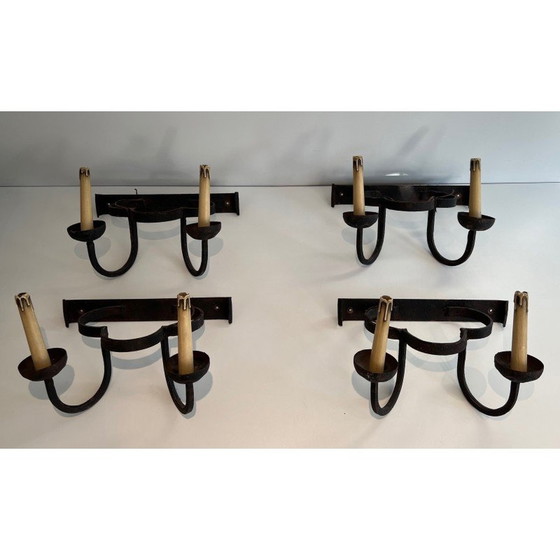 Image 1 of Set van 4 vintage smeedijzeren klaver wandlampen, Frankrijk 1950