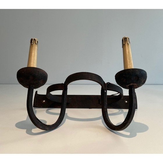 Image 1 of Set van 4 vintage smeedijzeren klaver wandlampen, Frankrijk 1950