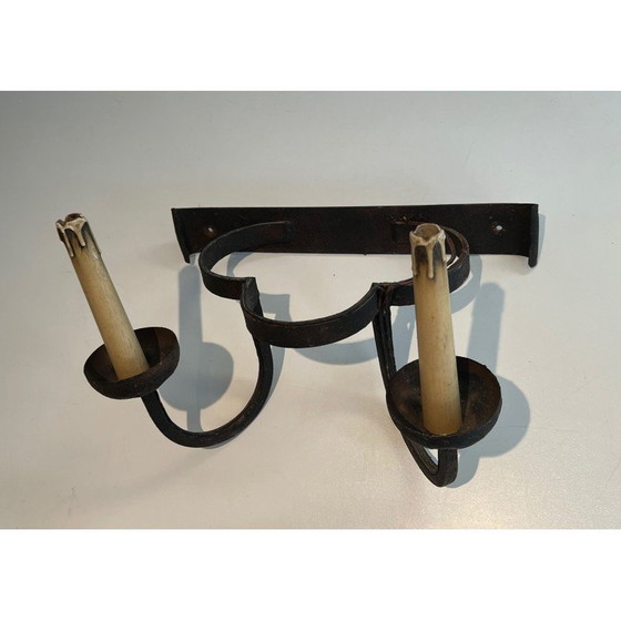 Image 1 of Set van 4 vintage smeedijzeren klaver wandlampen, Frankrijk 1950