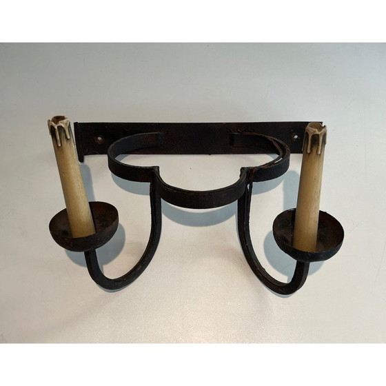Image 1 of Set van 4 vintage smeedijzeren klaver wandlampen, Frankrijk 1950
