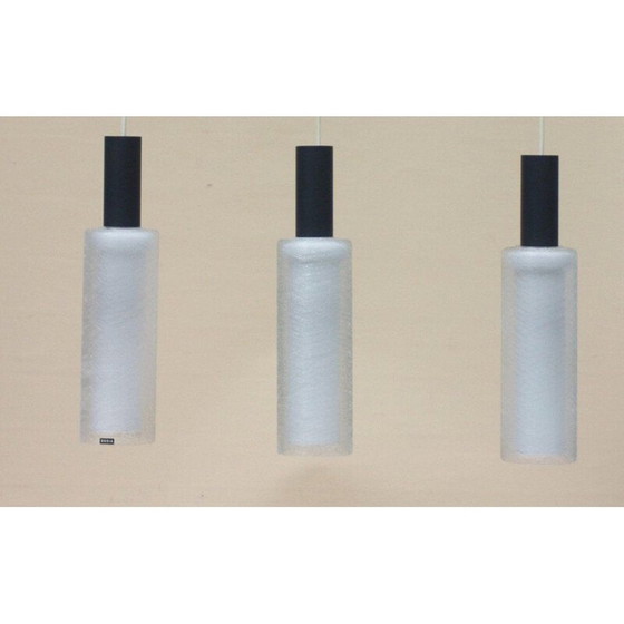 Image 1 of Set van 3 vintage opaalglas en messing hanglampen van Doria