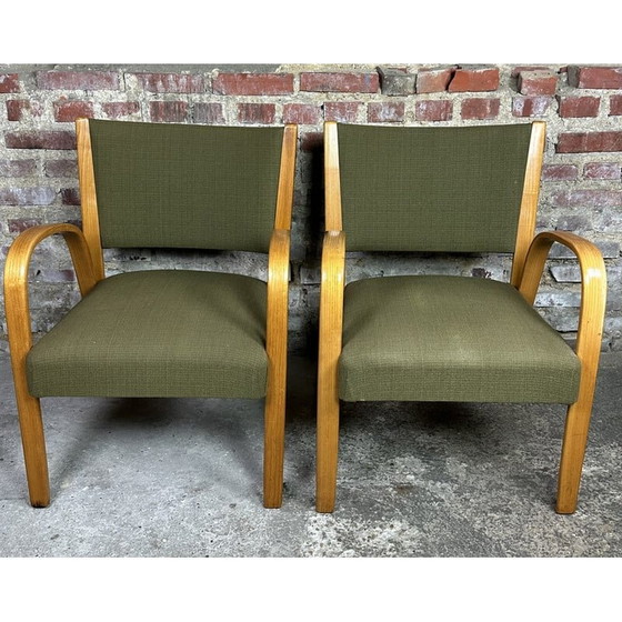 Image 1 of Paar vintage "Bow wood" fauteuils in gebogen essenhout en stof van Hugues Steiner, jaren 1950