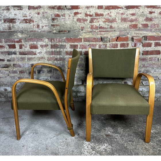 Image 1 of Paar vintage "Bow wood" fauteuils in gebogen essenhout en stof van Hugues Steiner, jaren 1950