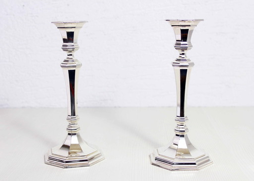 Paar Art Deco verzilverde metalen kandelaars Bmf