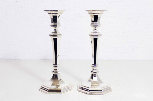 Paar Art Deco verzilverde metalen kandelaars Bmf