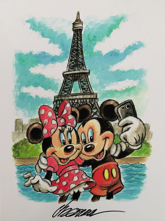 Image 1 of Joan Vizcarra: “Mickey & Minnie Mouse In Paris” Artist Proof A.P., Hand Signed.  Inclusief Certificaat Van Echtheid. 