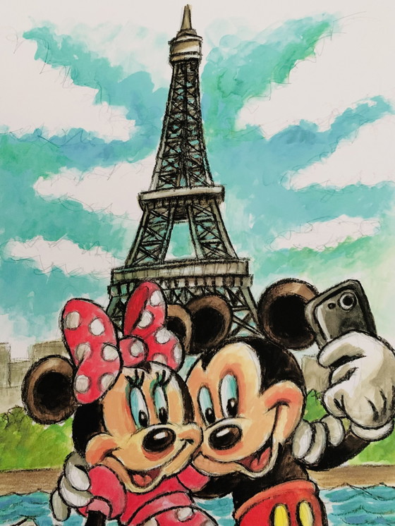 Image 1 of Joan Vizcarra: “Mickey & Minnie Mouse In Paris” Artist Proof A.P., Hand Signed.  Inclusief Certificaat Van Echtheid. 