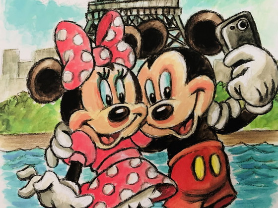 Image 1 of Joan Vizcarra: “Mickey & Minnie Mouse In Paris” Artist Proof A.P., Hand Signed.  Inclusief Certificaat Van Echtheid. 