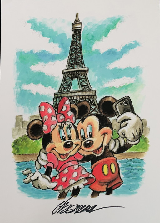 Joan Vizcarra: “Mickey & Minnie Mouse In Paris” Artist Proof A.P., Hand Signed.  Inclusief Certificaat Van Echtheid. 