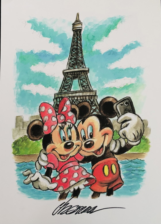 Image 1 of Joan Vizcarra: “Mickey & Minnie Mouse In Paris” Artist Proof A.P., Hand Signed.  Inclusief Certificaat Van Echtheid. 