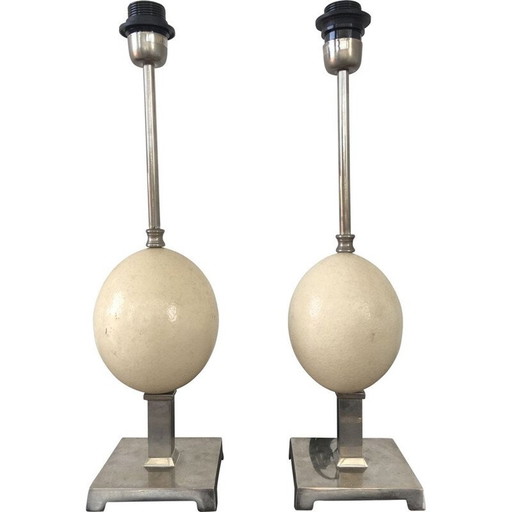 Paar vintage lampen Struisvogelei gemonteerd met metalen voet, 1970