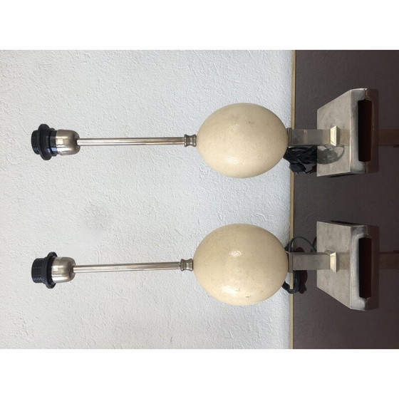 Image 1 of Paar vintage lampen Struisvogelei gemonteerd met metalen voet, 1970