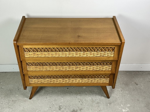 Vintage 60'S beuken en rotan ladekast