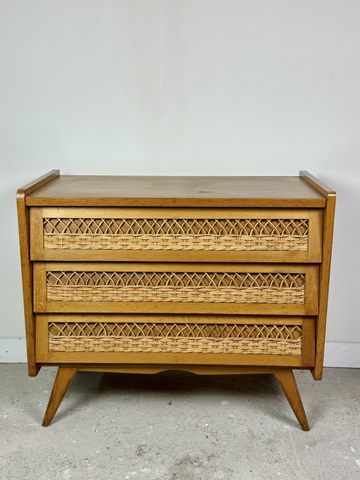 Vintage 60'S beuken en rotan ladekast