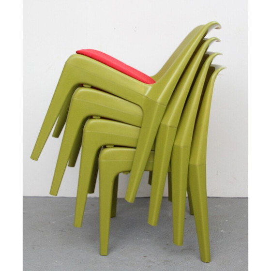 Image 1 of Set van 4 stoelen in groen plastic en roze stof - jaren 1970