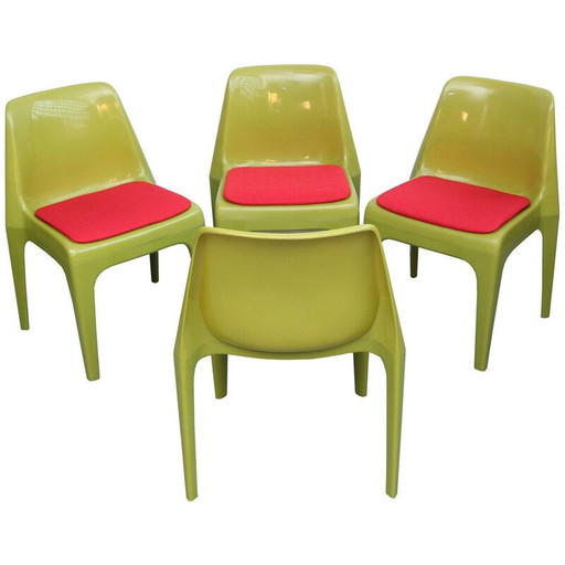 Set van 4 stoelen in groen plastic en roze stof - jaren 1970