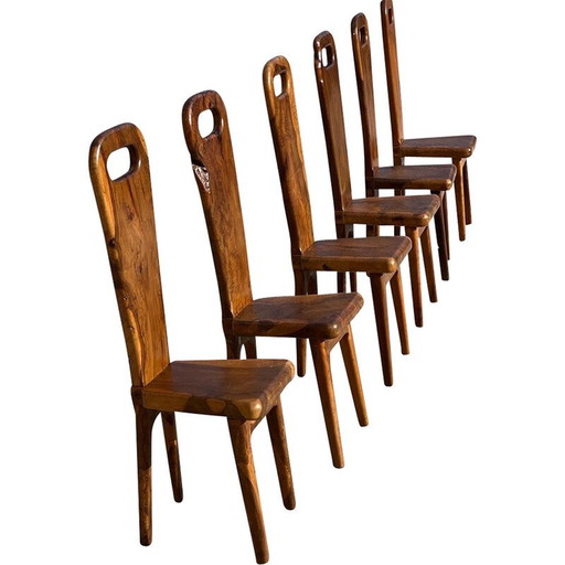 Set van 6 vintage massief olijfhouten stoelen voor La Maison Skela, Frankrijk 1960