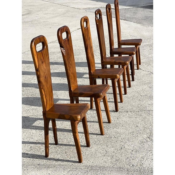 Image 1 of Set van 6 vintage massief olijfhouten stoelen voor La Maison Skela, Frankrijk 1960