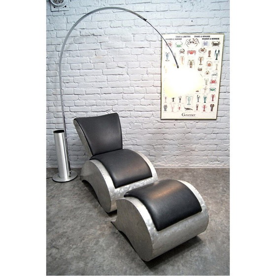 Image 1 of Vintage aluminium en vinyl fauteuil en voetenbank, jaren 1970