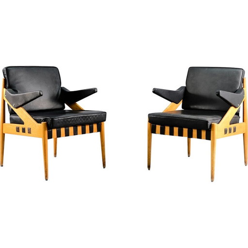 Paar vintage SE122 A fauteuils in beukenhout en leer van Egon Eiermann voor Wilde en Spieth, Duitsland 1950