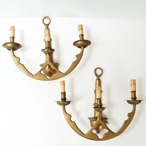 Paar vintage wandlampen van massief messing, 1950